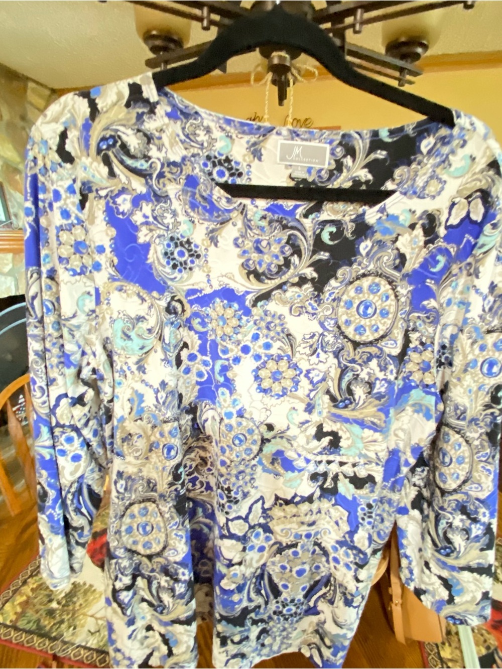 JM Collection Blue and White Paisley Long Sleeve Scoop Neck Top